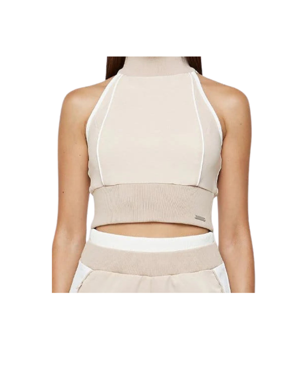 Manière De Voir High Neck Contrast Crop Top Beige
