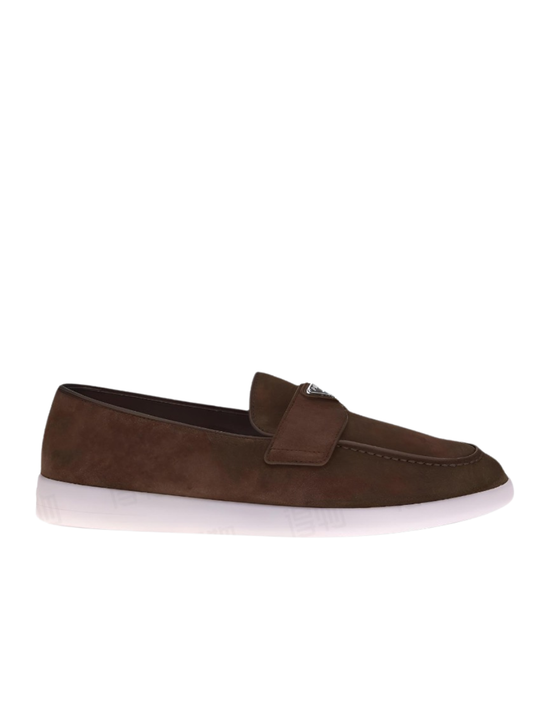 Prada Triangle Logo Suede Loafers Dark Brown