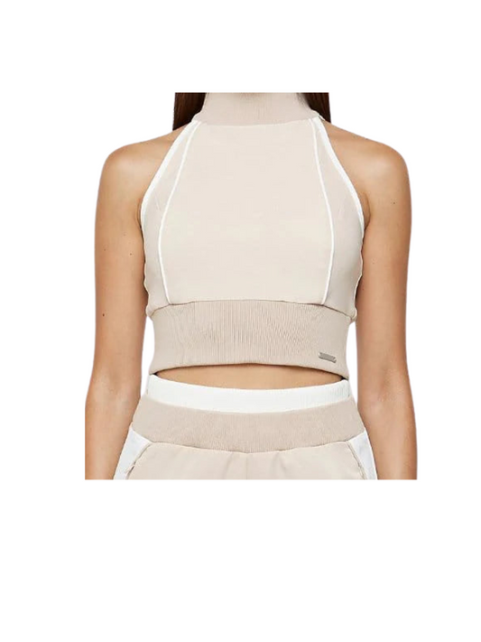 Manière De Voir High Neck Contrast Crop Top Beige